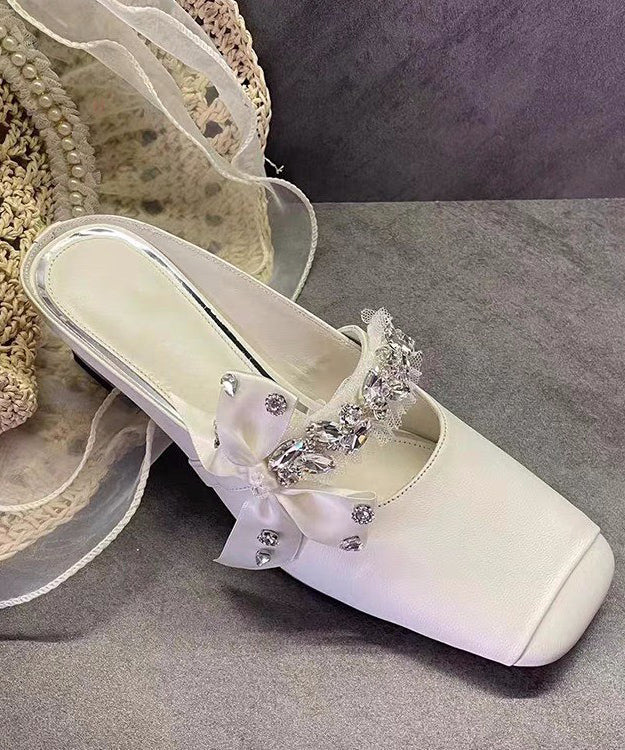 Sandals Bow White Stylish Slide Zircon Chunky Splicing