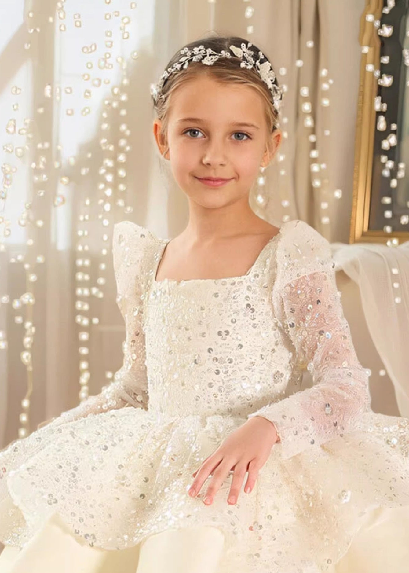 Stylish White Square Collar Sequins Patchwork Tulle Kids Long Dress Spring YG001