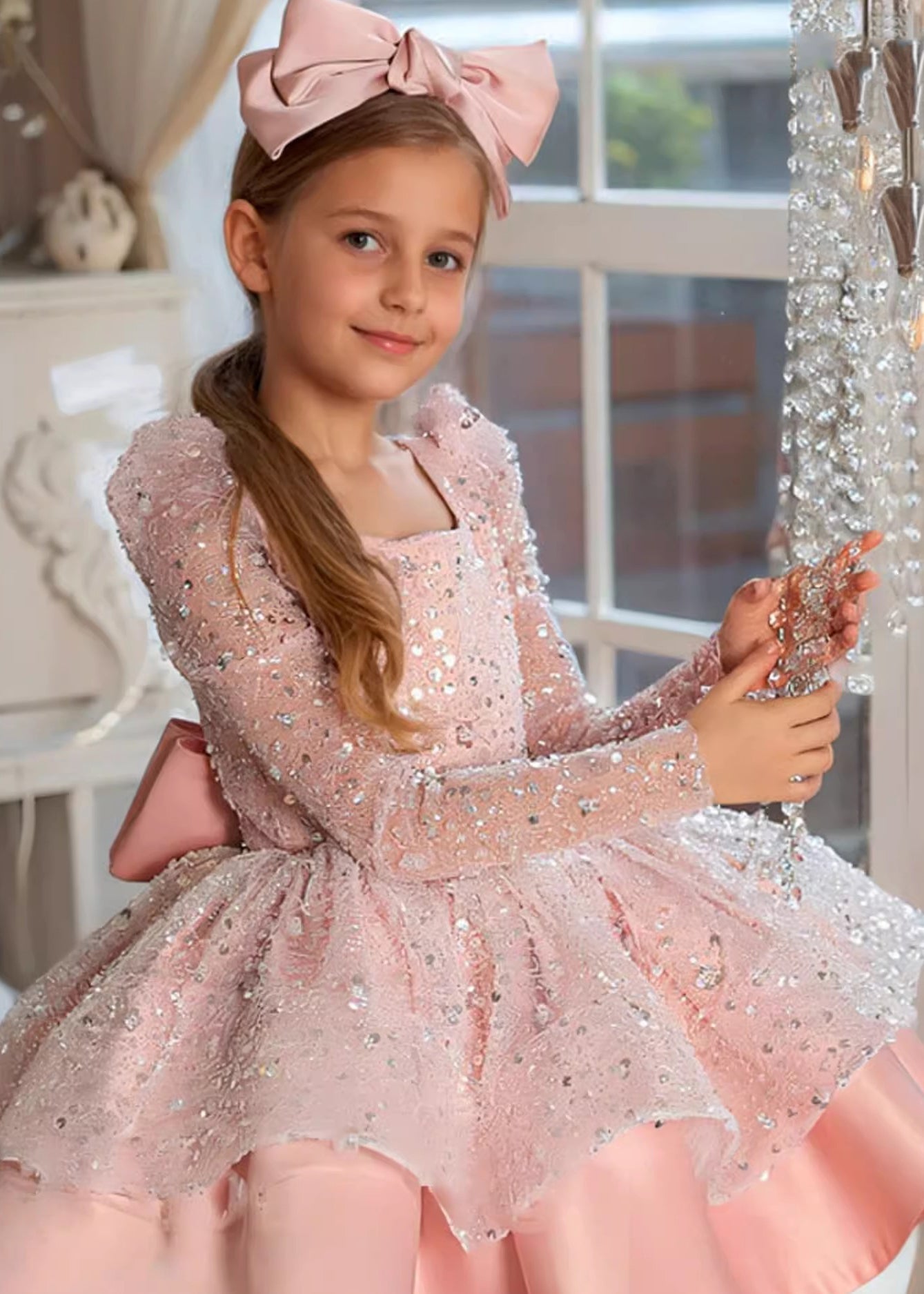 Stylish White Square Collar Sequins Patchwork Tulle Kids Long Dress Spring YG001