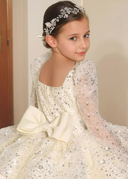 Stylish White Square Collar Sequins Patchwork Tulle Kids Long Dress Spring YG001