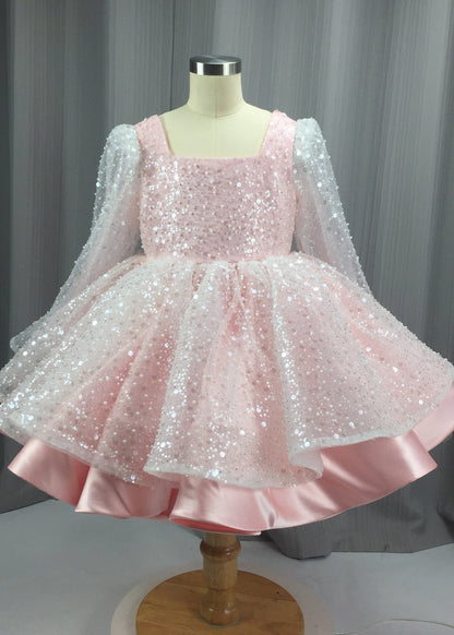 Stylish White Square Collar Sequins Patchwork Tulle Kids Long Dress Spring YG001