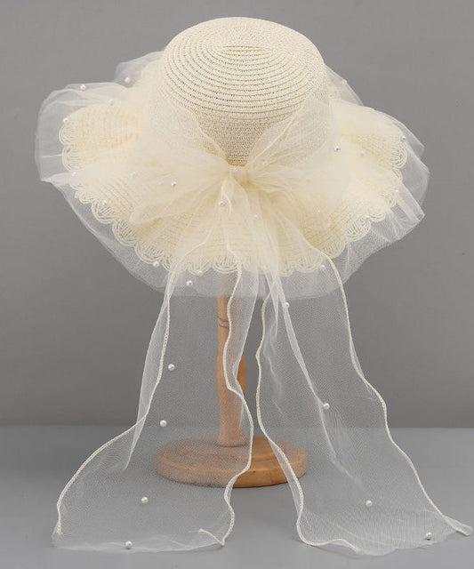Stylish Floppy Sun Bow White Hat Straw Woven Tulle