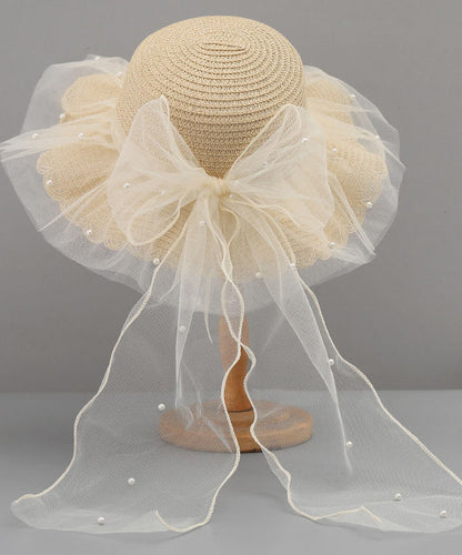 Stylish Floppy Sun Bow White Hat Straw Woven Tulle