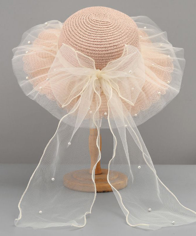 Stylish Floppy Sun Bow White Hat Straw Woven Tulle