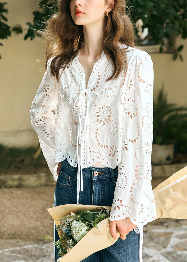Neck Spring Shirt Out V Lace Cotton Up White Stylish Hollow