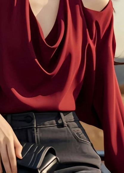 Stylish Wine Shoulder Spring Cold Tops Design Red Solid Original