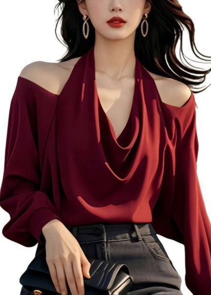 Stylish Wine Shoulder Spring Cold Tops Design Red Solid Original