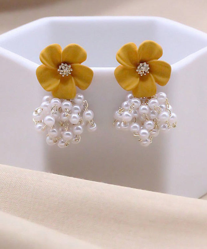 Floral Drop Alloy Yellow Earrings Stylish Pearl Tassel