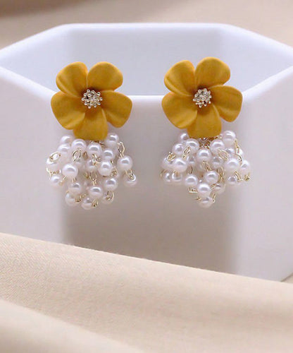 Floral Drop Alloy Yellow Earrings Stylish Pearl Tassel