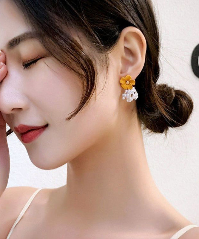 Floral Drop Alloy Yellow Earrings Stylish Pearl Tassel