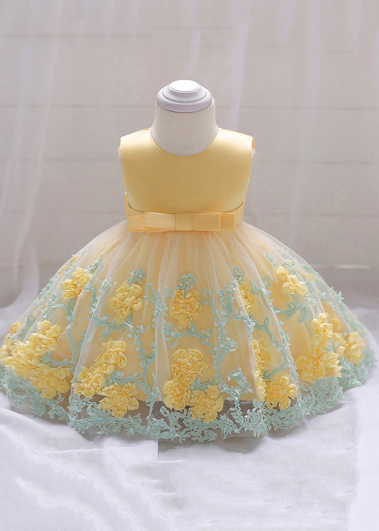 Stylish Yellow O-Neck Embroideried Floral Tulle Girls Long Dresses Summer YS031