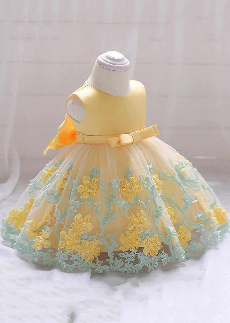 Stylish Yellow O-Neck Embroideried Floral Tulle Girls Long Dresses Summer YS031