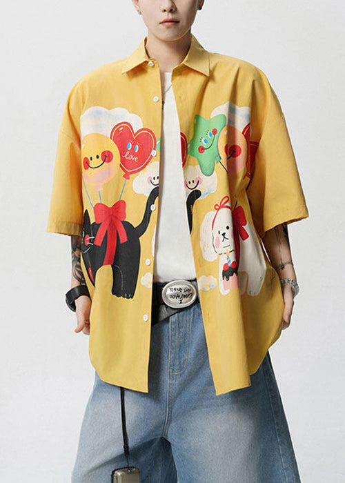 Mens Button Stylish Yellow Collar Shirts Cotton Peter Pan Print