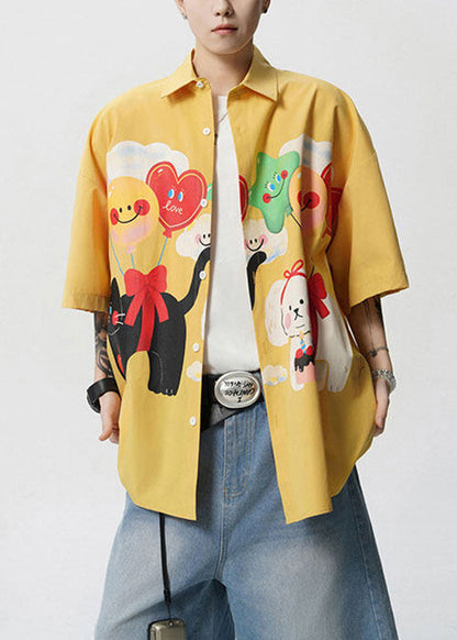 Mens Button Stylish Yellow Collar Shirts Cotton Peter Pan Print