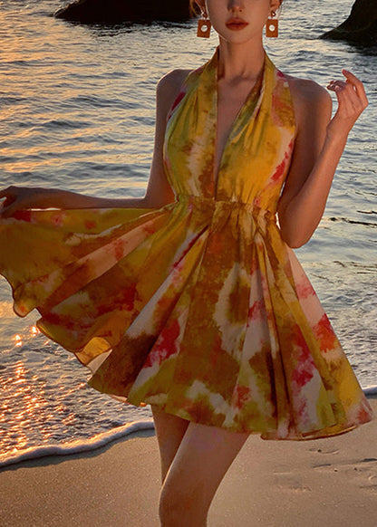 Chiffon Backless Yellow Print Up Lace Mini Dresses Stylish