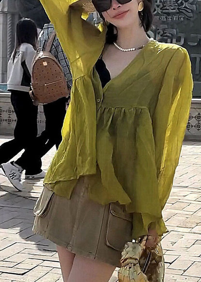 Stylish Yellow V Neck Patchwork Silk Cotton Shirt Lantern Sleeve BV036