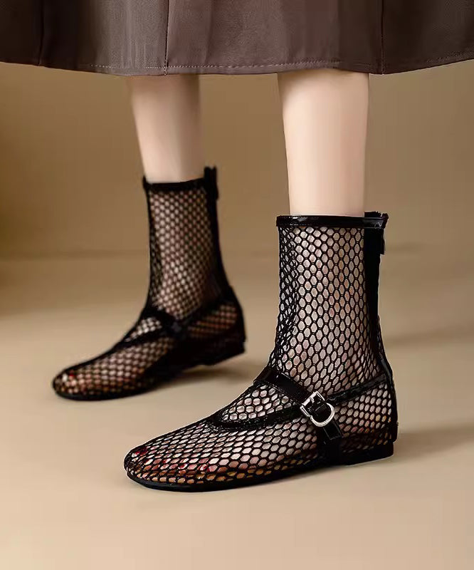 Breathable Zippered Boots Splicing Mesh Stylish Out Hollow Black