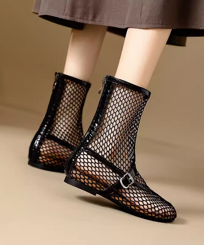 Breathable Zippered Boots Splicing Mesh Stylish Out Hollow Black