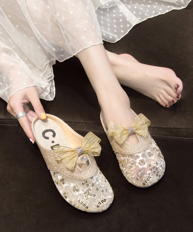 Summer Flat Mesh Bow Slide Gold Sandals New Breathable
