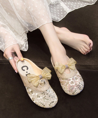 Summer Flat Mesh Bow Slide Gold Sandals New Breathable