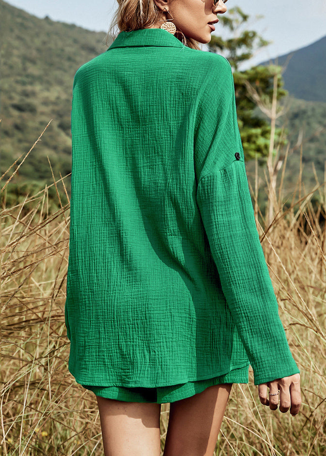 Tea Cotton Button Oversized Two Pieces Set Green Summer