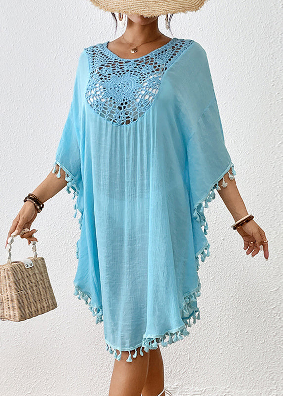 Trendy Black O-Neck Hollow Out Patchwork Tassel Swimwear Smock VC051