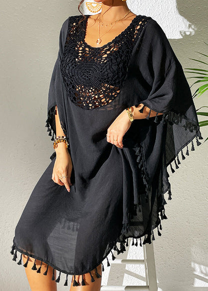 Trendy Black O-Neck Hollow Out Patchwork Tassel Swimwear Smock VC051