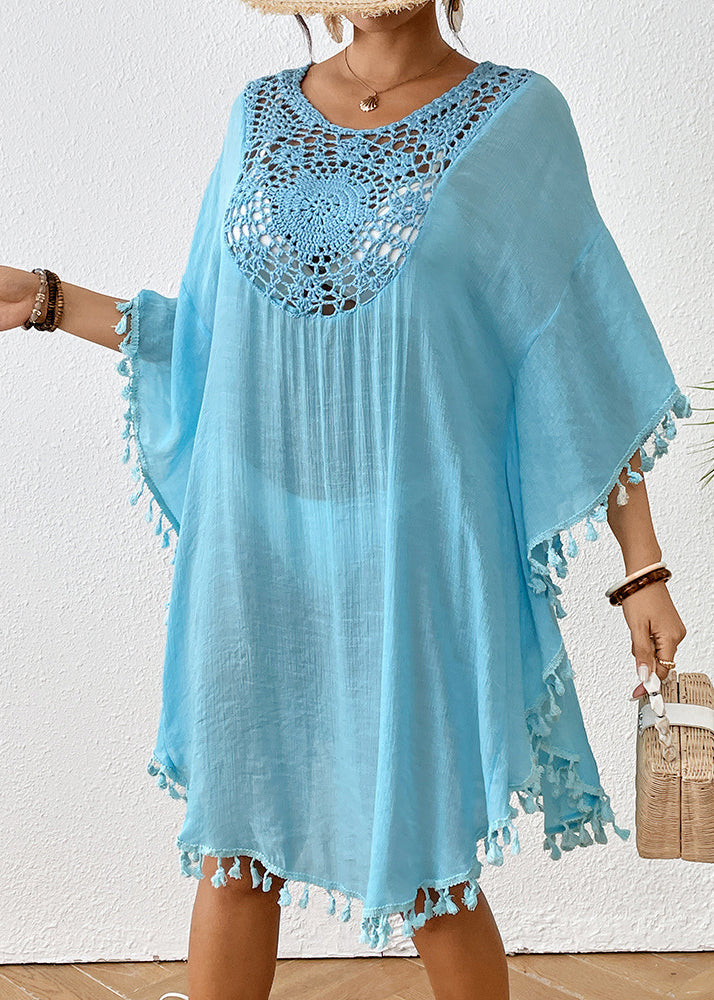 Trendy Black O-Neck Hollow Out Patchwork Tassel Swimwear Smock VC051