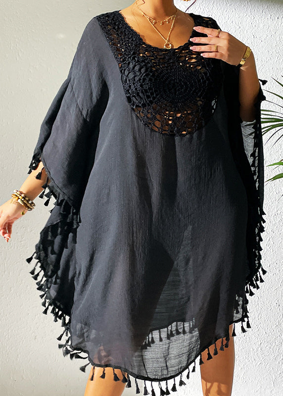 Trendy Black O-Neck Hollow Out Patchwork Tassel Swimwear Smock VC051