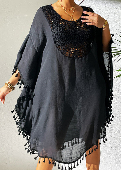 Trendy Black O-Neck Hollow Out Patchwork Tassel Swimwear Smock VC051