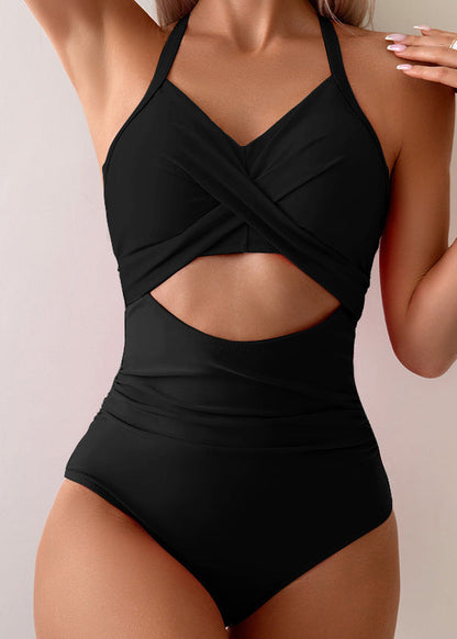 Trendy Rose Halter Hollow Out Bikini Bodysuit Swimwear VC035