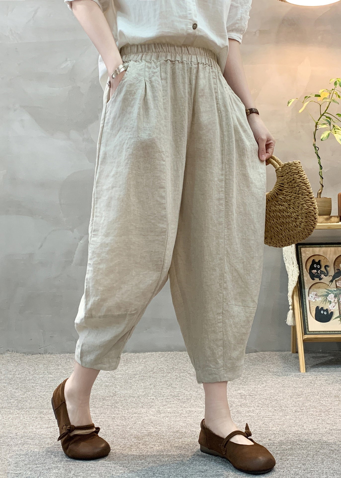 Oversized Crop Summer Apricot Unique Pants Linen