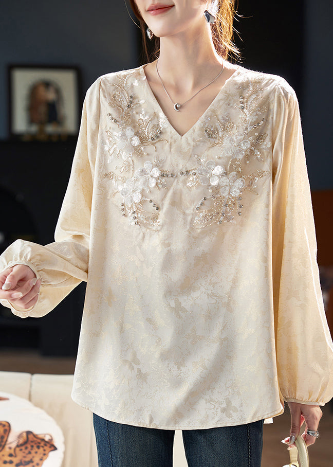 Chiffon Jacquard Unique Spring V Neck Shirt Zircon Beige Top