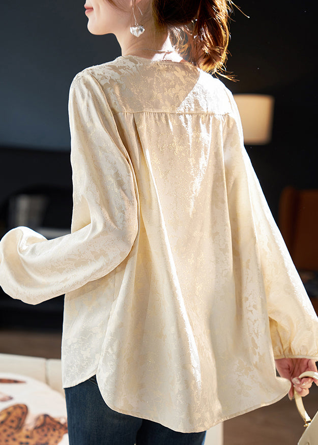 Chiffon Jacquard Unique Spring V Neck Shirt Zircon Beige Top