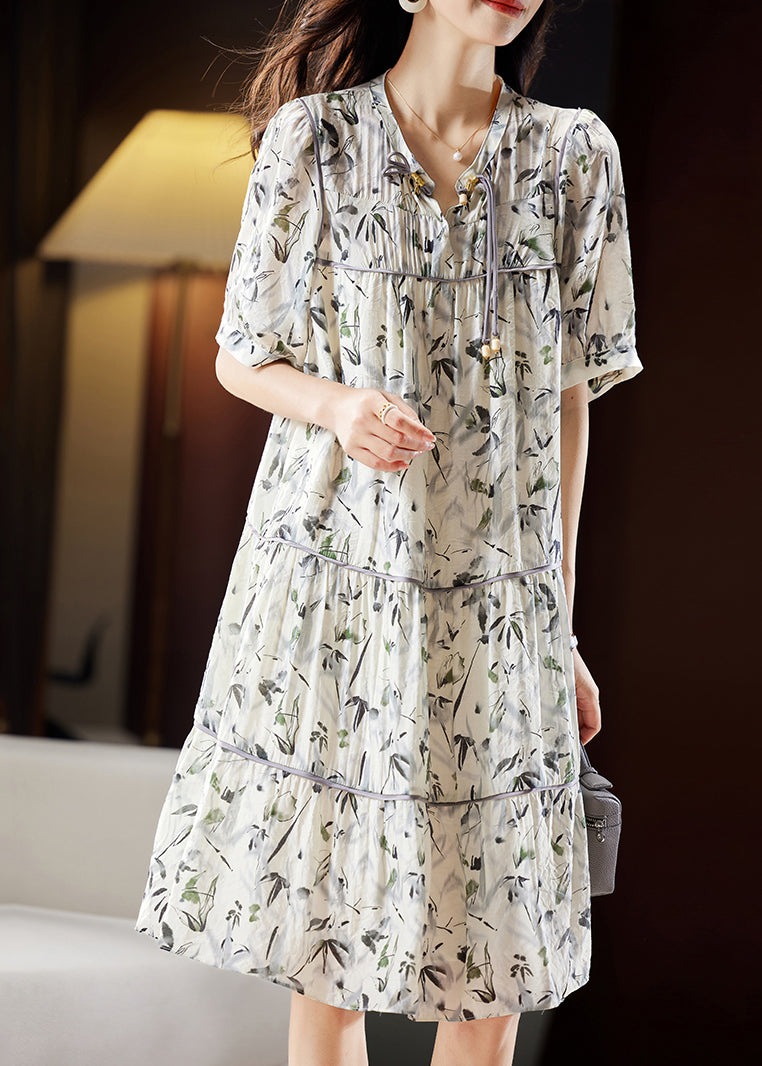 Unique Beige V Neck Print Patchwork Chiffon Maxi Dresses Short Sleeve WW055
