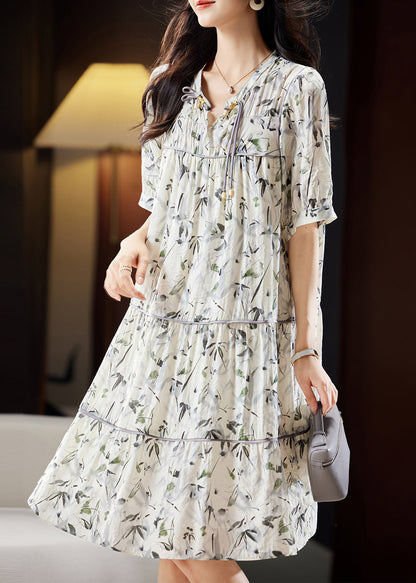 Unique Beige V Neck Print Patchwork Chiffon Maxi Dresses Short Sleeve WW055