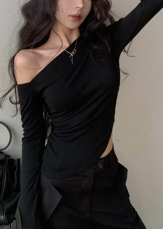 Cotton Black Asymmetrical Design Shirts Unique