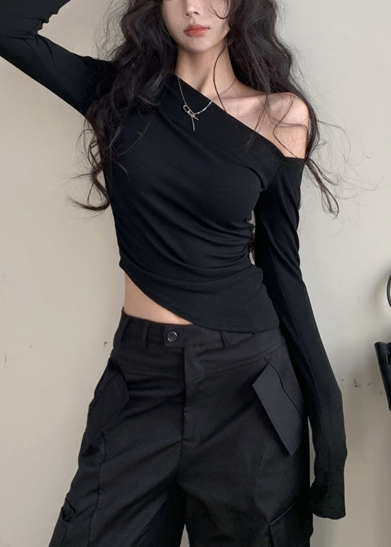 Cotton Black Asymmetrical Design Shirts Unique