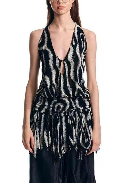 Backless Beach Unique Black Print Halter Summer Vest