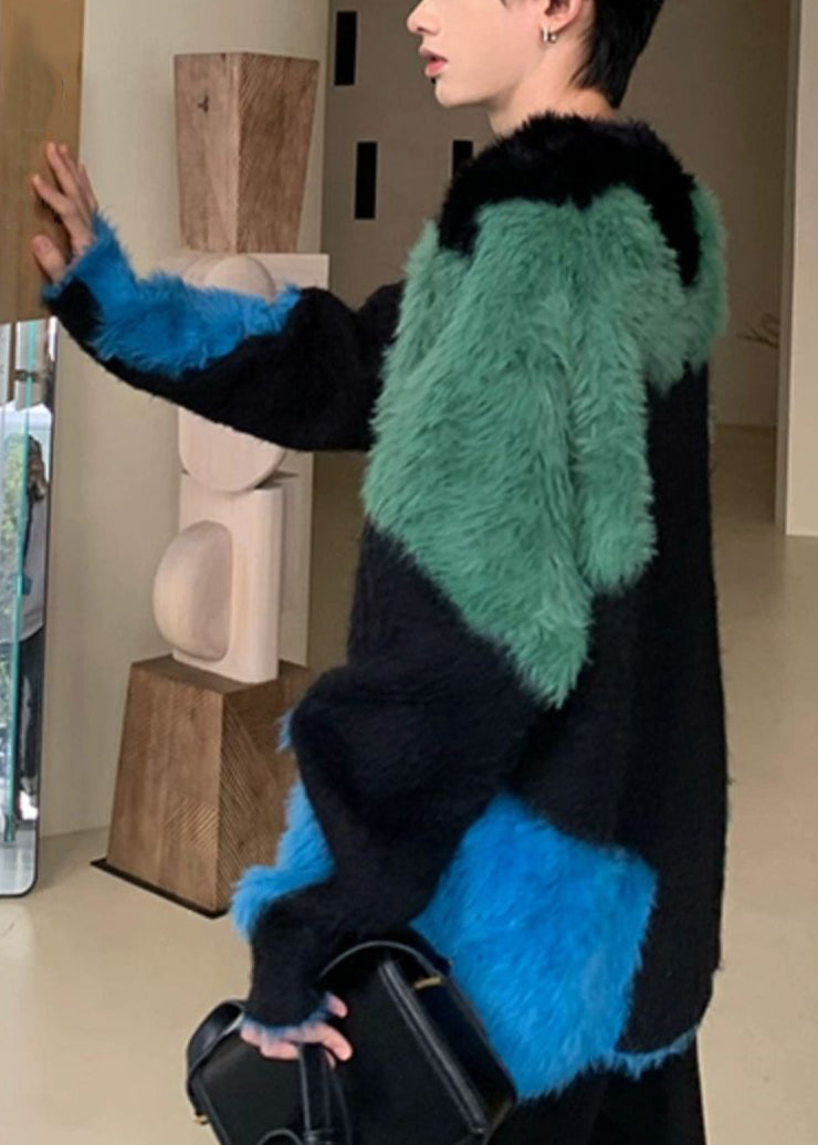 Unique Black Cozy Patchwork Mens Sweater Pullover Winter RC043