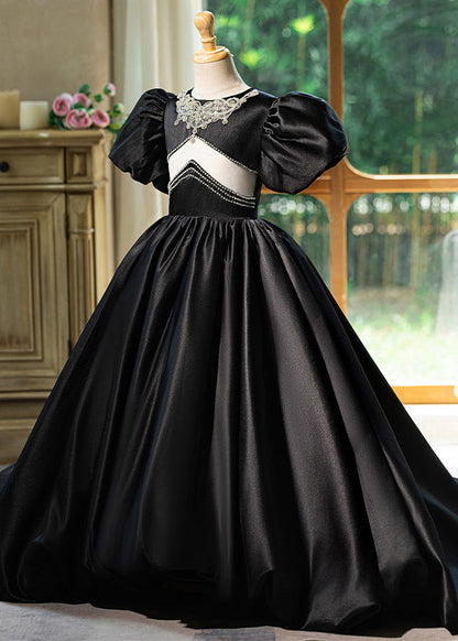 Unique Black O-Neck Patchwork Hollow Out Silk Girls Long Dress Summer YG016