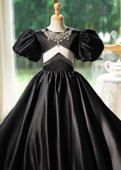 Unique Black O-Neck Patchwork Hollow Out Silk Girls Long Dress Summer YG016