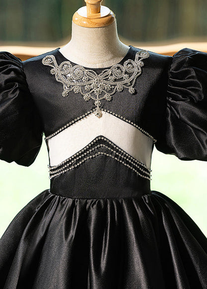 Unique Black O-Neck Patchwork Hollow Out Silk Girls Long Dress Summer YG016