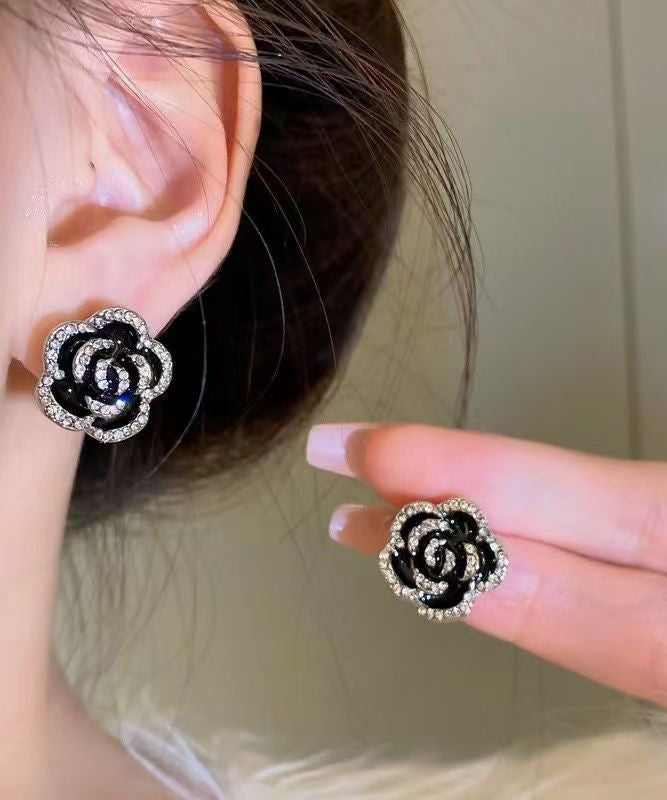 Silver Black Unique Overgild Stud Floral Earrings Srerling Zircon