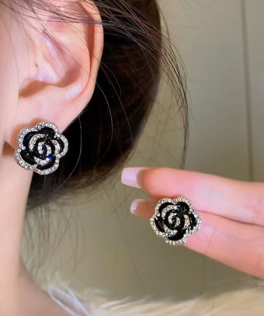 Silver Black Unique Overgild Stud Floral Earrings Srerling Zircon