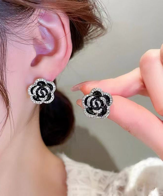 Silver Black Unique Overgild Stud Floral Earrings Srerling Zircon