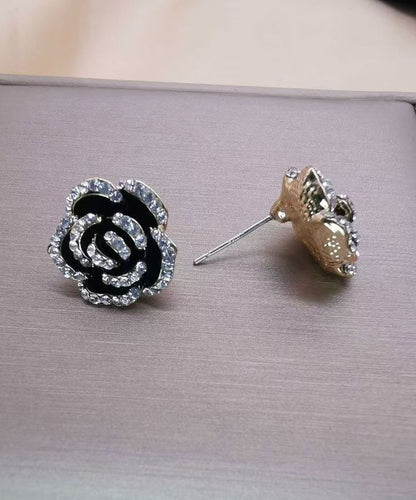 Silver Black Unique Overgild Stud Floral Earrings Srerling Zircon