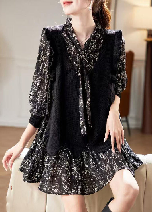 Dress Neck V Black Print Chiffon Unique Spring Mid