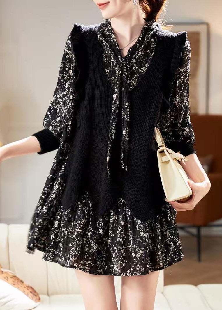 Dress Neck V Black Print Chiffon Unique Spring Mid