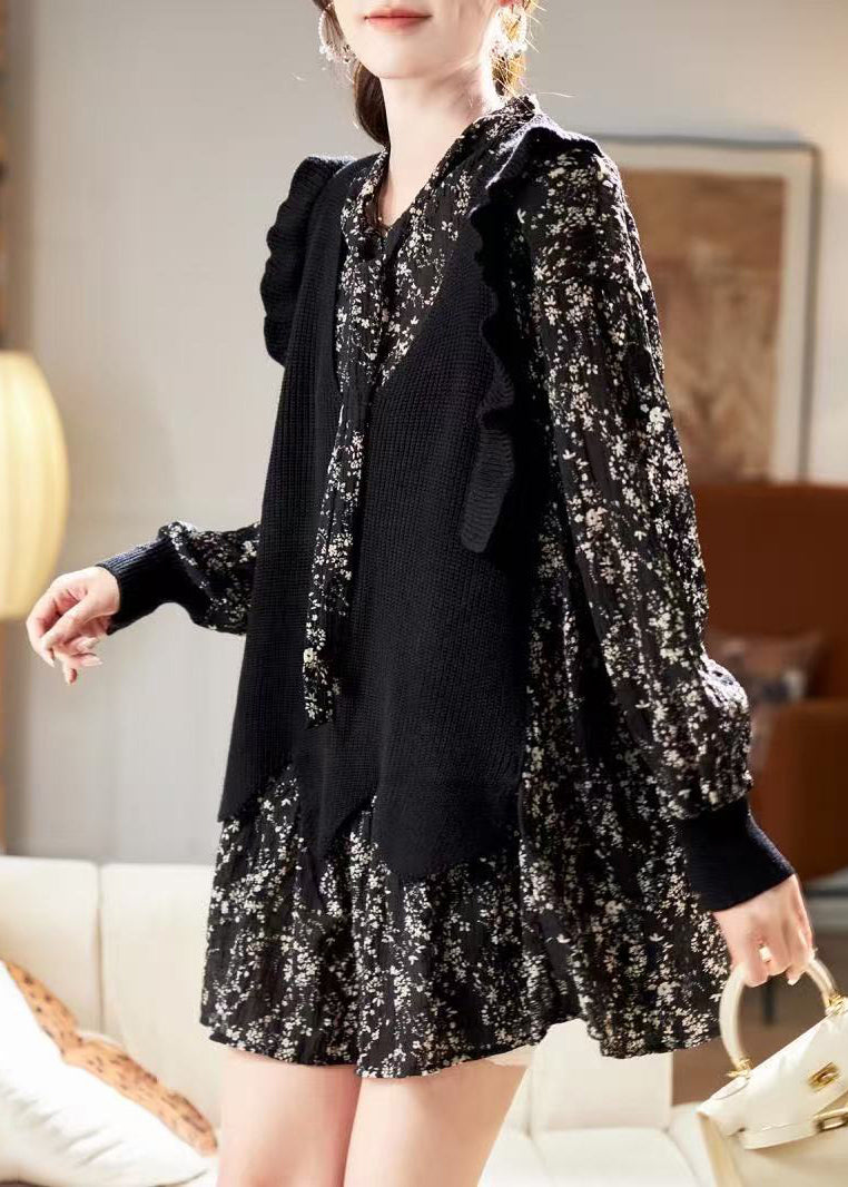Dress Neck V Black Print Chiffon Unique Spring Mid